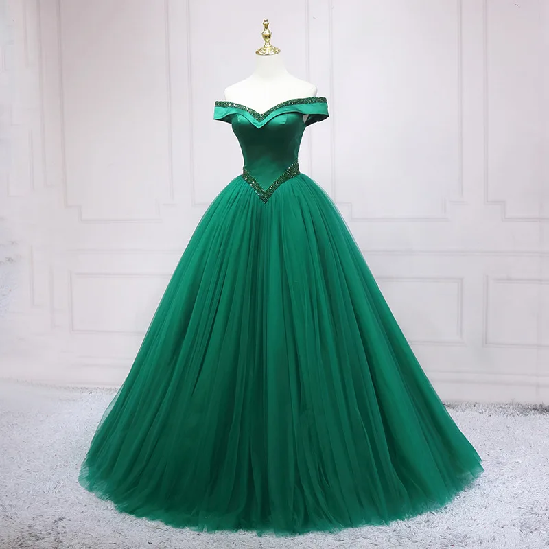 فساتين Quinceanera خضراء مكشوفة الأكتاف مخصصة ترتر تول رداء حفلات السهرة حفلة تنكرية فيستدو دي أنوس 15 حلو 16