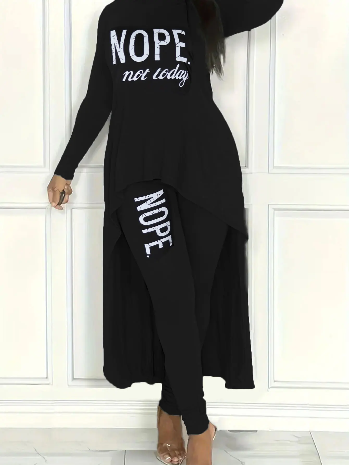 

Black Letter Print Tunic Dress and Leggings Set, Comfortable Casual Street Style