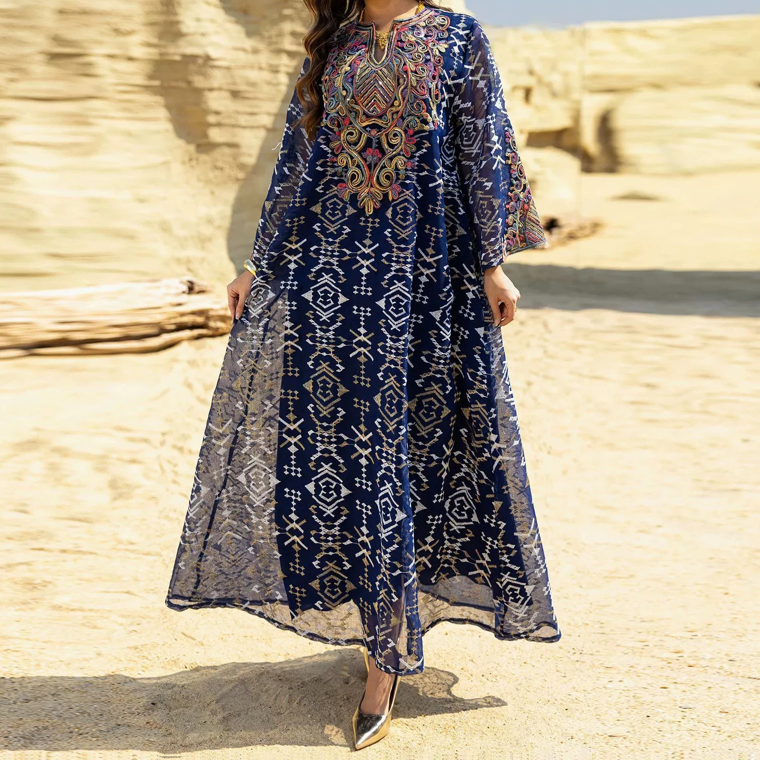 

Muslim Fashion Mesh Embroidery Splicing Robe Middle Eastern Women's Dress-GZXX578
