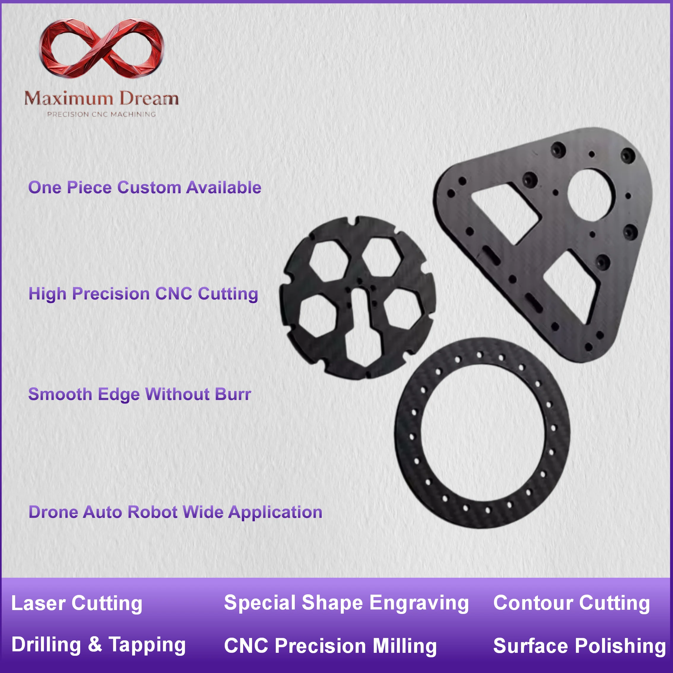 Carbon Fiber Panel CNC Engraving Cutting Custom Service for Robot Arm Medical Instrument Parts