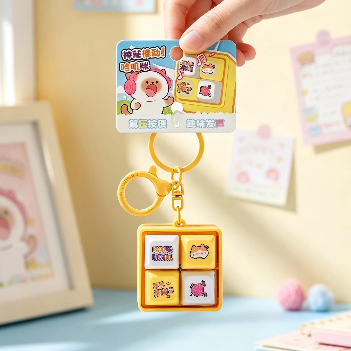 Cute Mini Keyboard Press Pendant Keychain Kawaii Cartoon Cat Print Sound Button Keyring Bag Charm Stress Relief Gift Key Chains