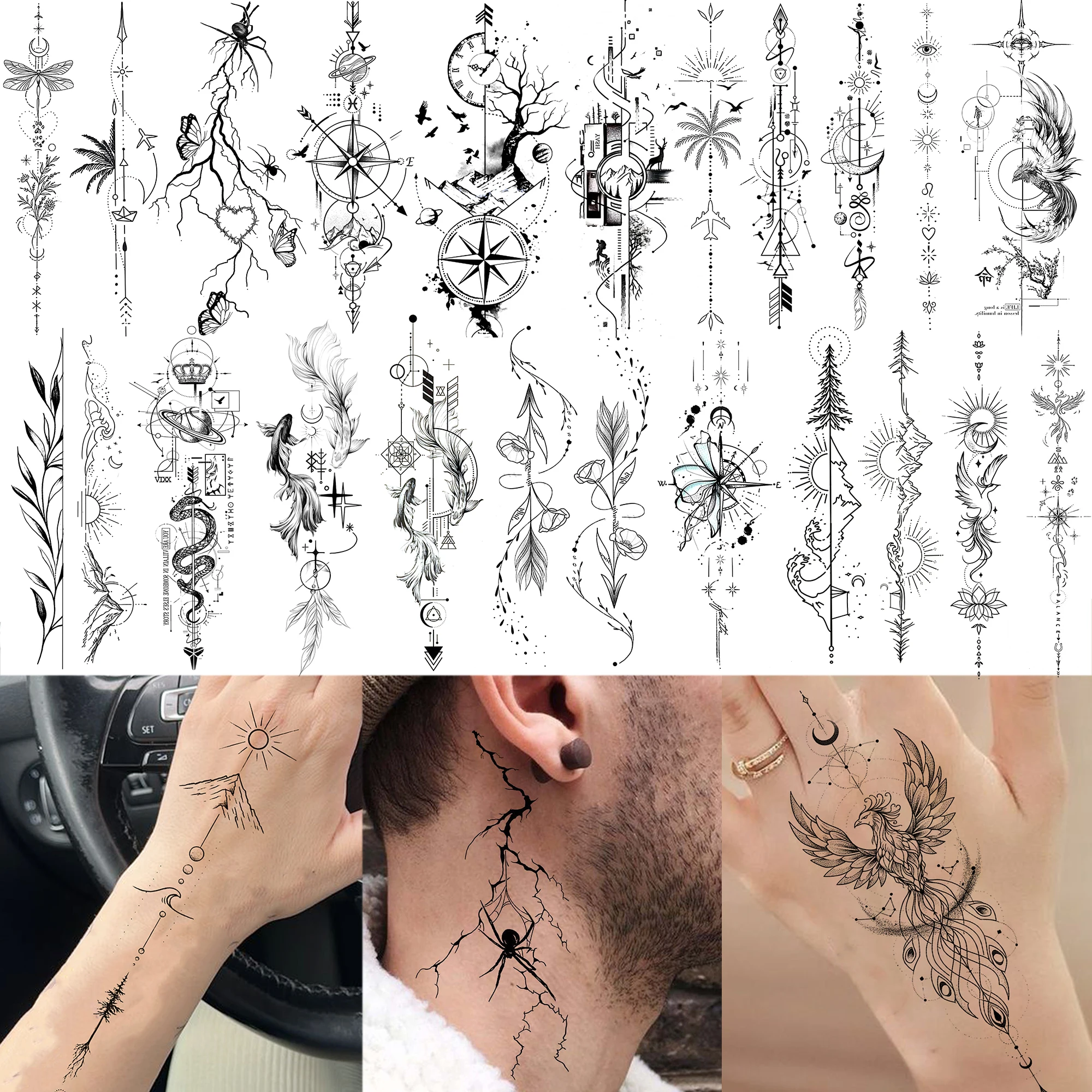 1 Sheet Forest Mountains Phoenix Chain Temporary Tattoos For adult hands neck, Fake Tattoo Stickers Long Lasting Realistic Tatoo