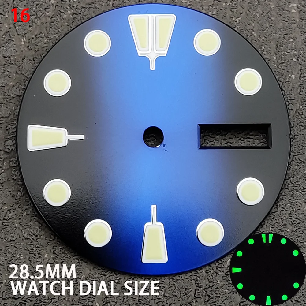 28.5mm Watch Dial Black Blue Gradient Dual Calendar Date Watch Faces with Green Luminous Watch Accessories for NH36 Movement