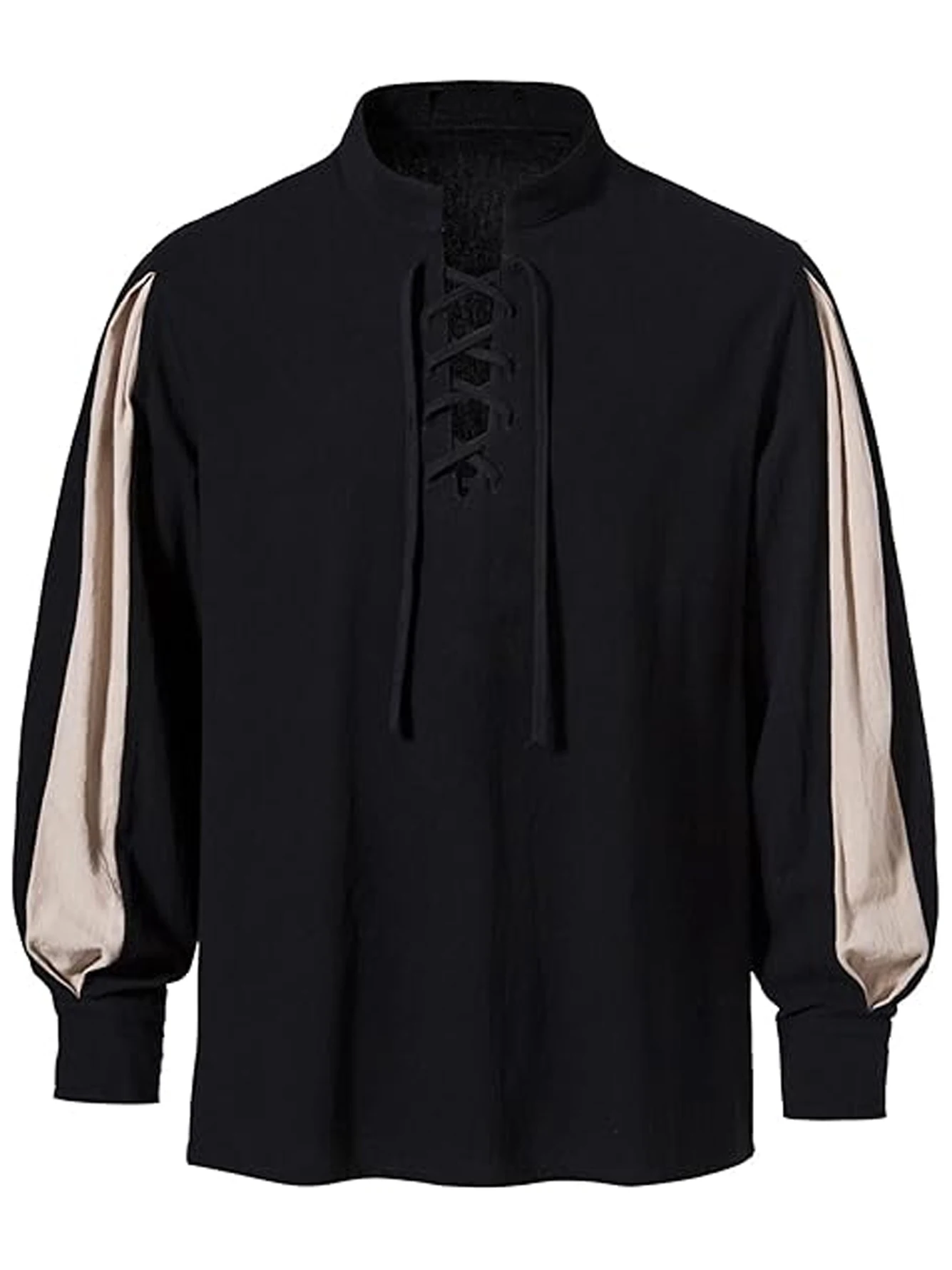 Retro Medieval Men's Pirate Shirt, Men's Long Sleeve Lace Up Shirt With Stand Collar, Halloween Party Costume