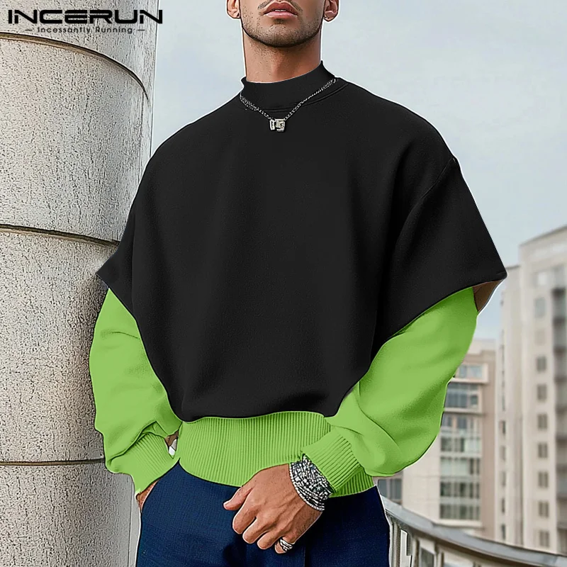 Fashion Casual Style Tops INCERUN 2024 Mens Spliced Fake Two-piece Solid Pullover Streetwear Male Long Sleeved Sweatshirts S-5XL