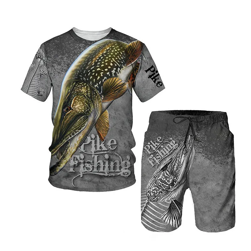 Conjunto de 2 piezas de manga corta para hombre, Camiseta con estampado 3D de pesca, pantalones cortos divertidos de verano, ropa deportiva para