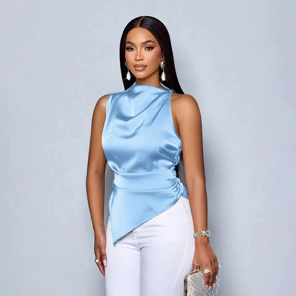 

2026 Summer Women's New Satin Shirt Women's Asymmetrical Satin Shirt Women's Top Design Niche
