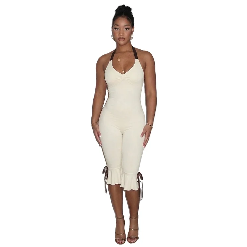 Customized LOGO women's European, American summer new casual slim-fit sleeveless backless neck strap long jumpsuit