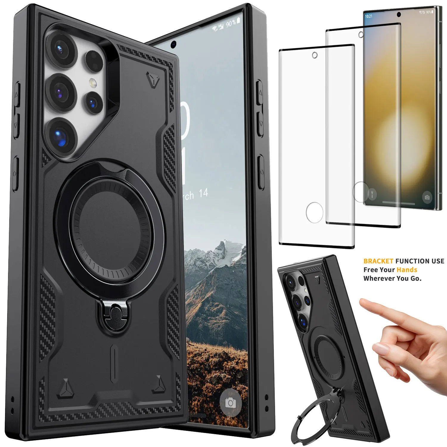 

Shockproof Case Rugged Ring Stand Cover +2PCS Clear Tempered Glass Screen Protectors For Samsung For Galaxy S23 Ultra/Plus/FE