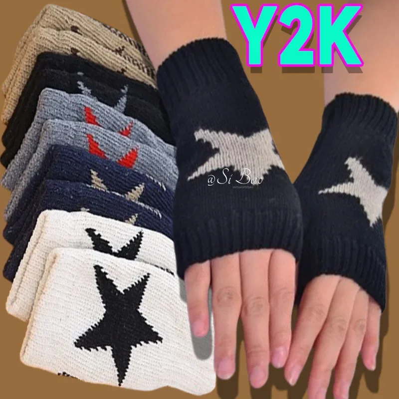 Guantes de lana de punto para hombre y mujer, manoplas cálidas de medio dedo, sin dedos, estrella de cinco puntas, moda Ins Y2K, Otoño e Invierno