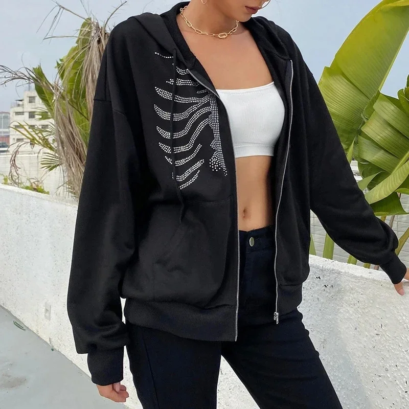 Street trend casual style solid color breastbone rhinestone personalized zipper hooded loose fit hoodie