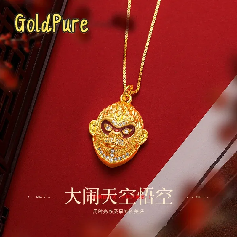 

Goldpure 9999 24K Real Gold Black Myth Wukong LegendThe Great Sage of Heaven Necklace Pendant with Domineering Full Diamond Enam
