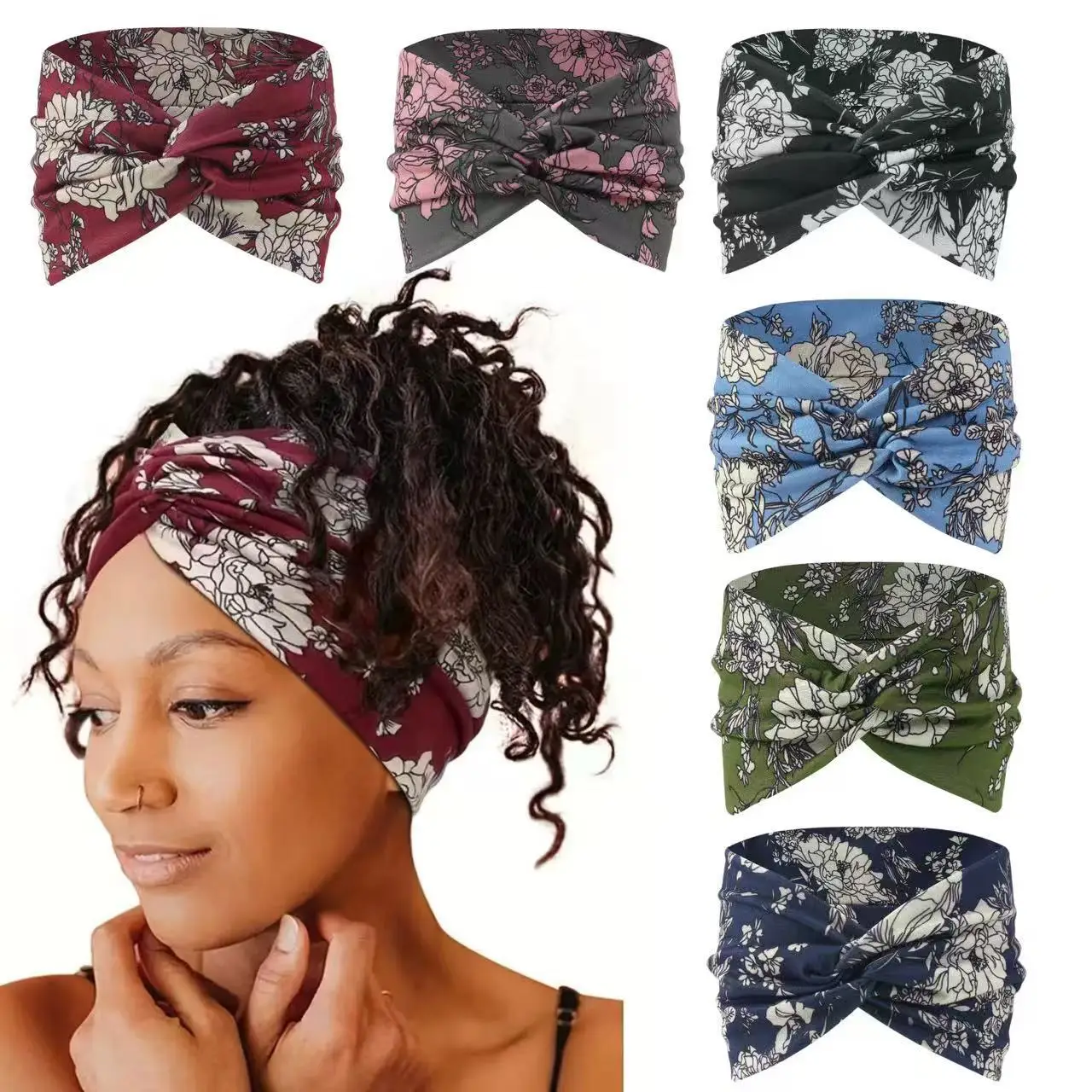 New yoga headband for women, rose flower headband with European and American printed cross headband hair accessories, fashionable headband