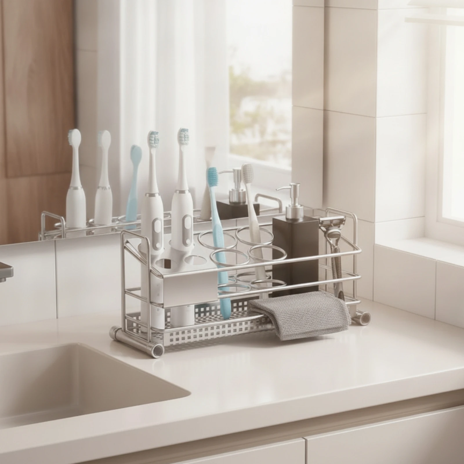Toothbrush Holder with Slots Stainless Steel Toothbrush Holder Bathroom Organizer with Drainage Holes Rust-Resistant for Vanity