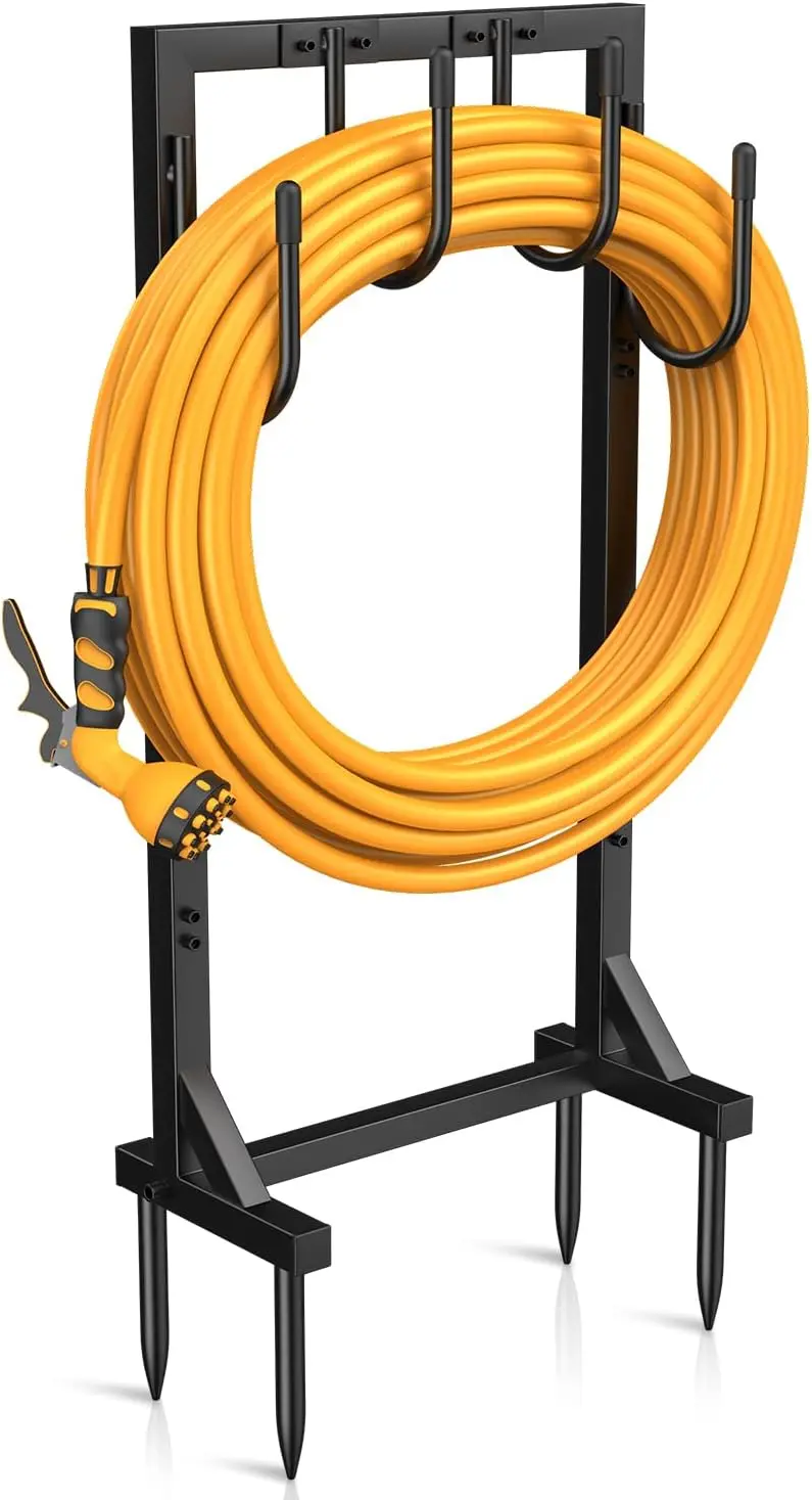 

Heavy Duty Metal Garden Hose Reel Holder with 4 Hooks, Freestanding Storage for 150ft Hose, Easy Install Detachable Design
