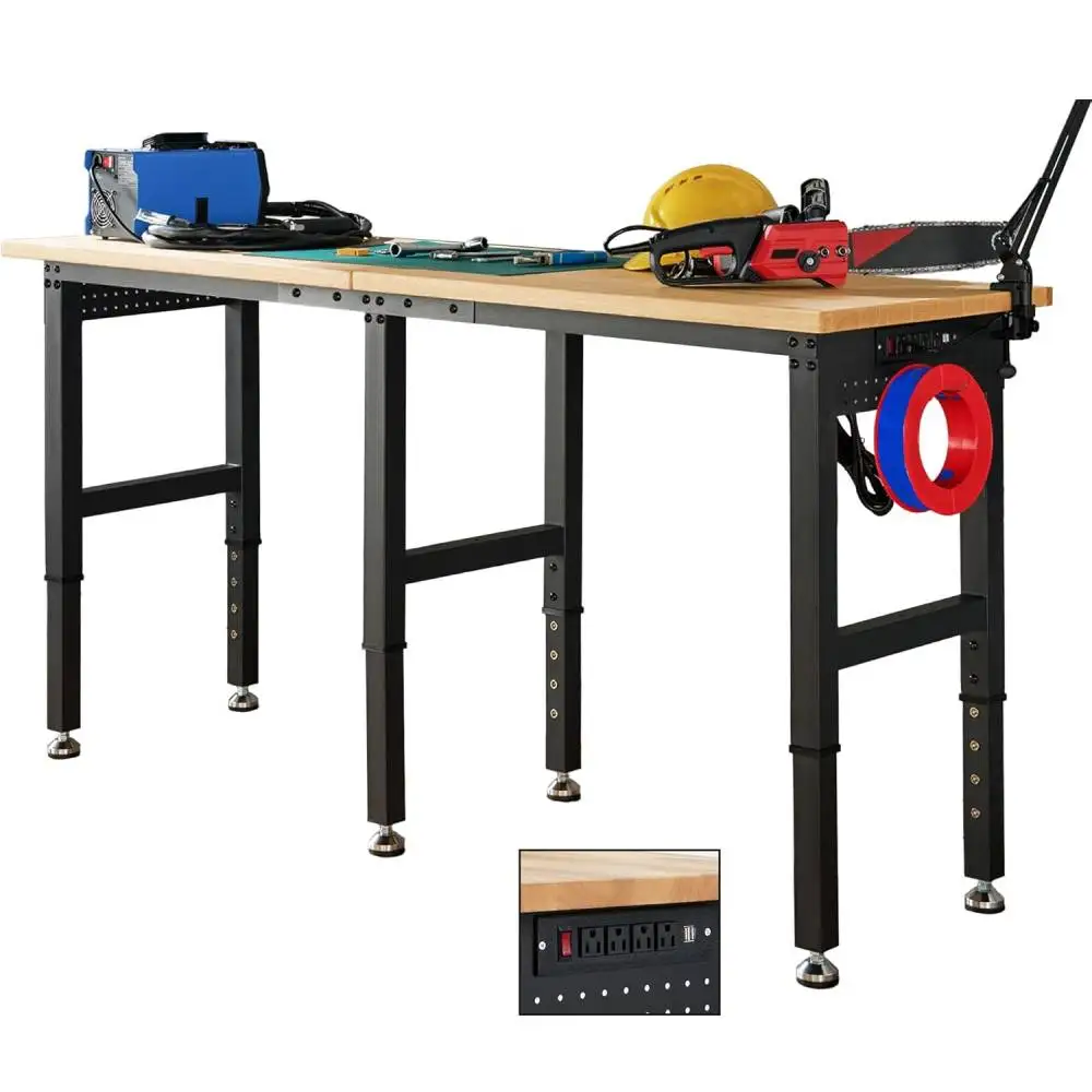 

fs-Adjustable Height Workbench 5000 LBS Heavy Duty Table Rubber Wood Workstation with Power Outlet！