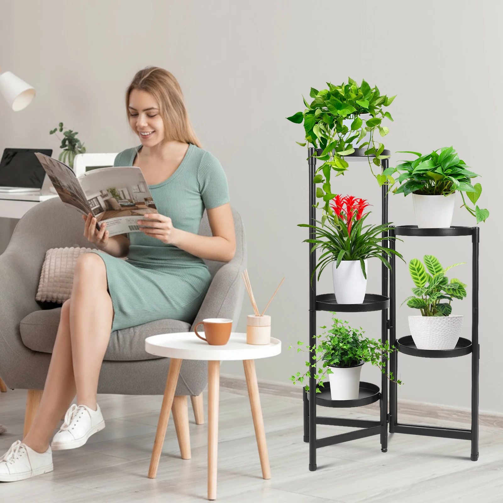 

5-Tier Tiered Corner Pot Holder with Wide Tray Multi-Layer Plant Pot Storage Bracket Floor-Standing for Patio Porch Living Room