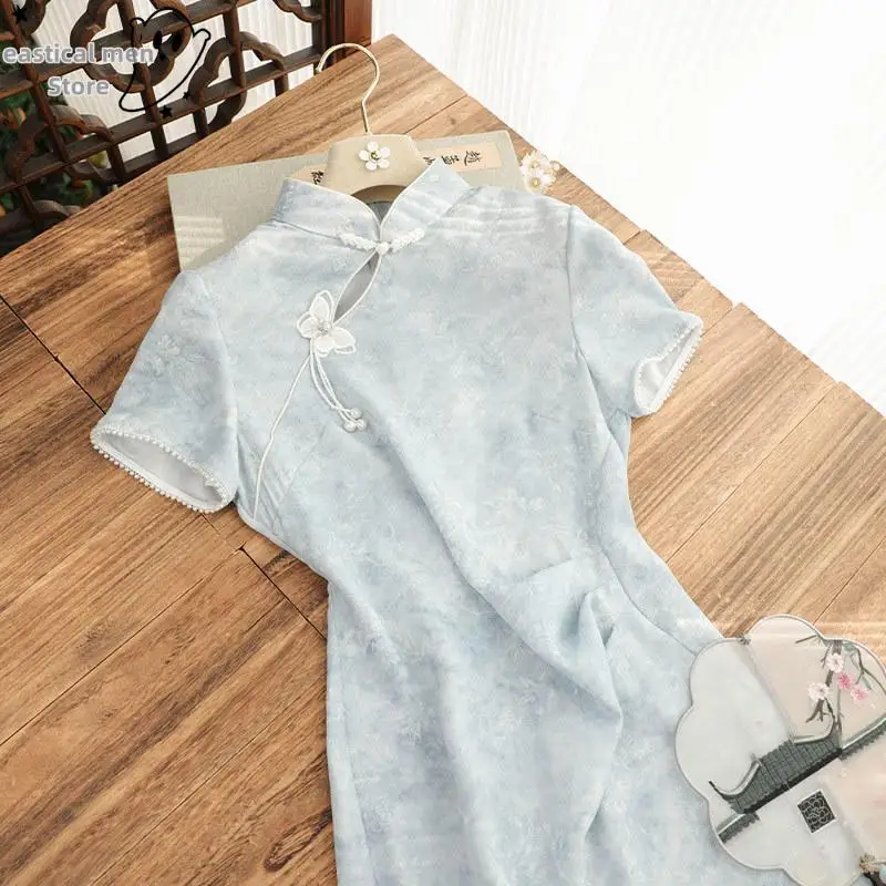 Chinese Princess Style Dress Blue Jacquard Qipao Elegant Short Sleeve Chesongam Butterfly Button Down Vestidos Summer New