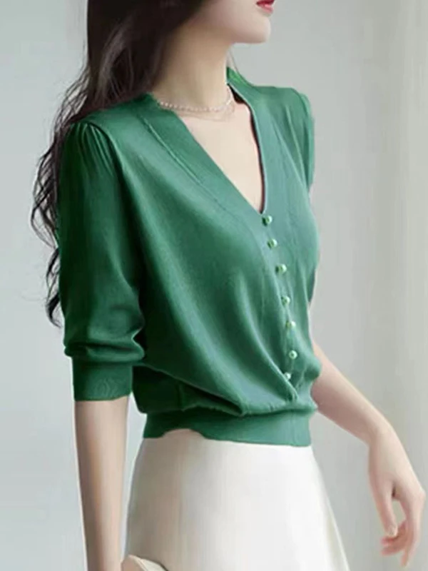 Ice Silk Knitted Short Sleeve V-Neck T-Shirt Women's Summer New Style Five Sleeve Lightweight Elegant Purple Top Thin Model