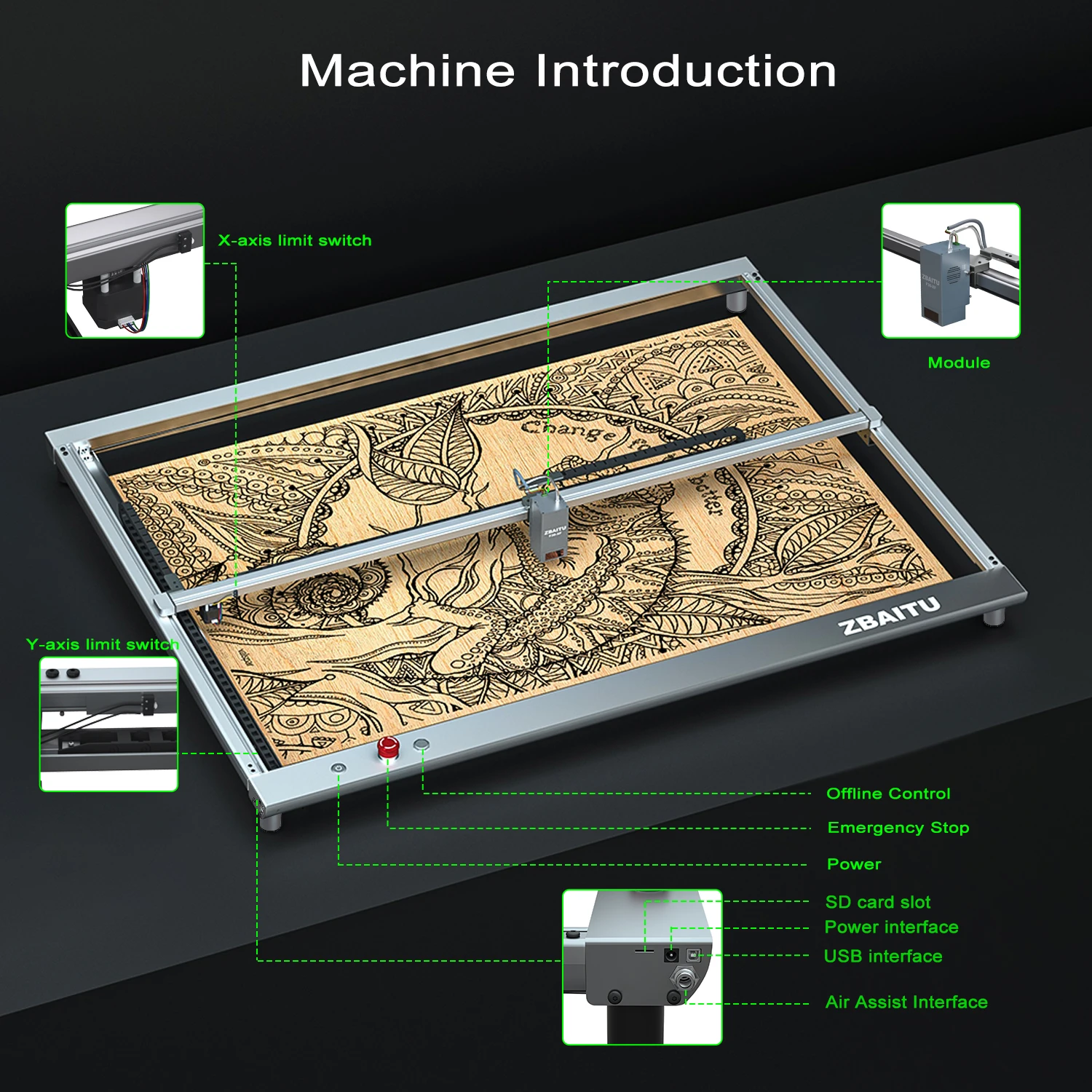 ZBAITU S60 80x60cm taglierina per incisore per legno 160W macchina Laser effetto Co2, strumento per lavorazione del legno da taglio per incisione