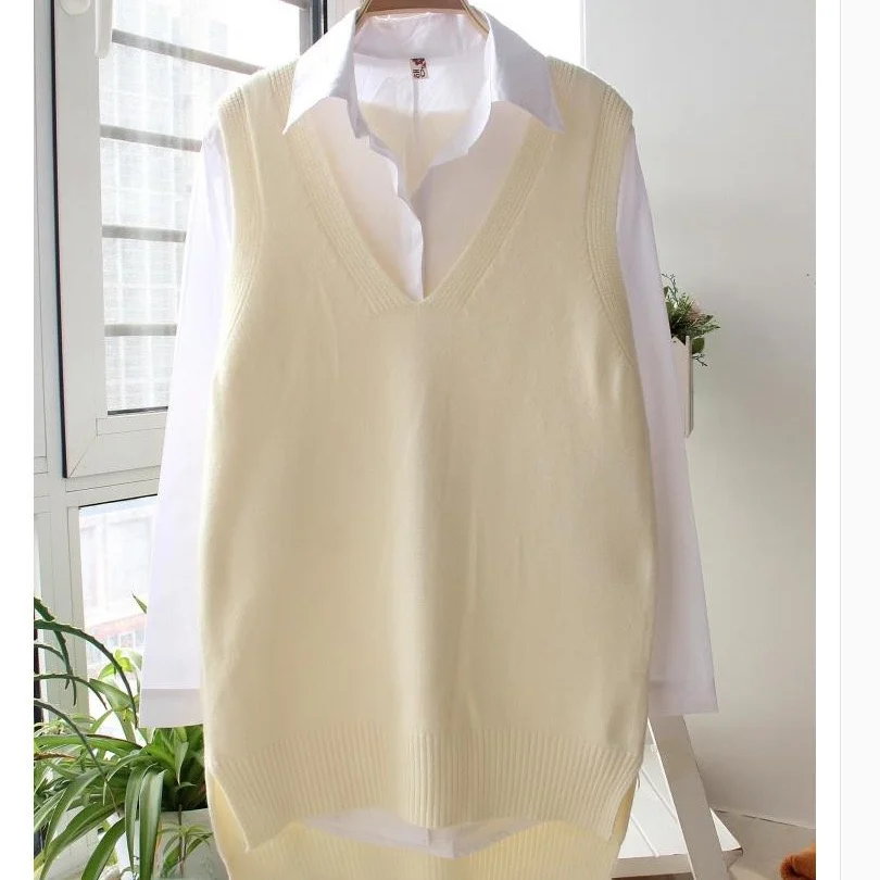 Pink Knitted Vest Women's Spring Autumn New Sleeveless  Color Overhead Korean Version V-neck Woolen Medium Length Vest O...