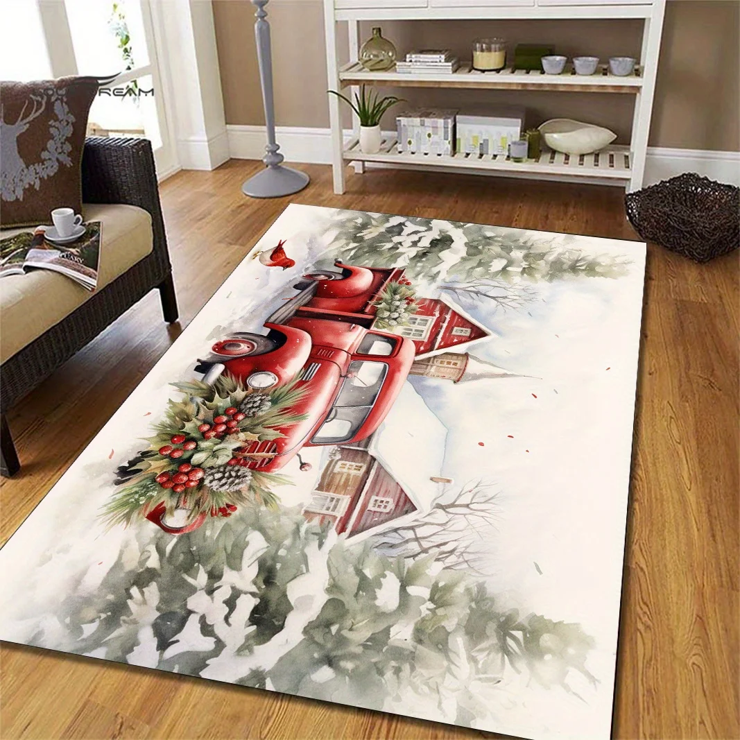 Merry Christmas Red Truck Polyester Area Rug - Large Hand Washable Festive Floor Mat for Game Room, Bedroom, Indoor Spaces - Dur