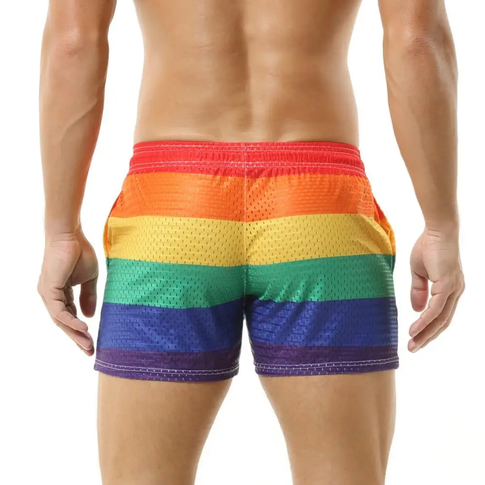 Men\'s Shorts Rainbow Stripe Fashion Casual Shorts Mesh Breathable Drawstring Sports Shorts Gym Men Boxer Shorts Bottoms Pocket