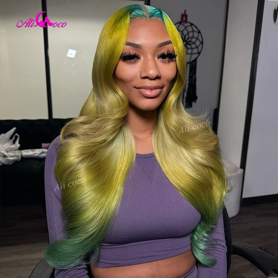 

Ombre Yellow Green and Green 13x6 Lace Front Human Hair Body Wave Wig with Blue Green Roots Pre Plucked for Women 180 Density