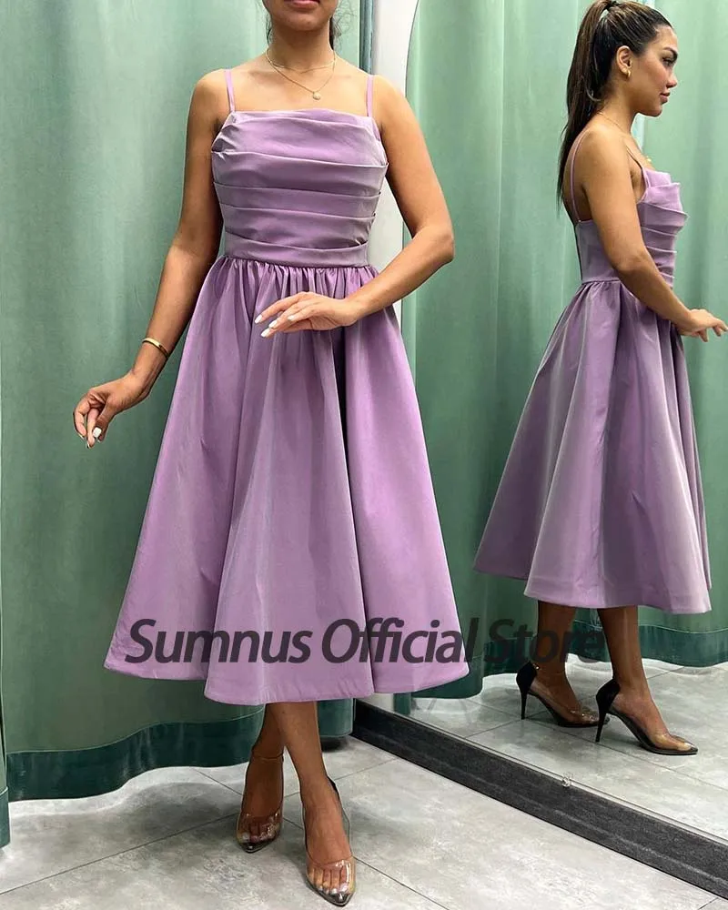 Sumnus rosa midi vestido de baile espaguete cintas voltar zíper vestidos de festa sem alças curto vestidos de noite elegante feminino vestidos de festa