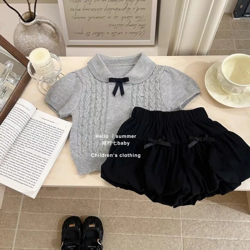 Baby girl summer outfit2026Summer girls' stylish two-piece set with bow-knot knit short sleeves and fashionable bud shorts
