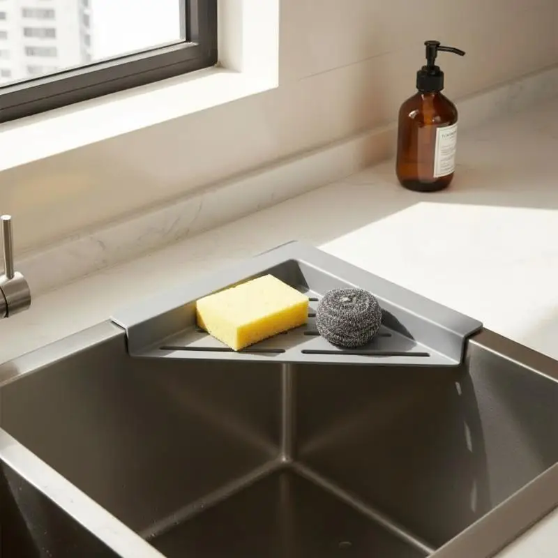 Heavy Duty Kitchen Sink Corner Drying Shelf Adhesive Triangular Holder for Sponge Rag Soap Kitchen Bathroom Countertop Storage