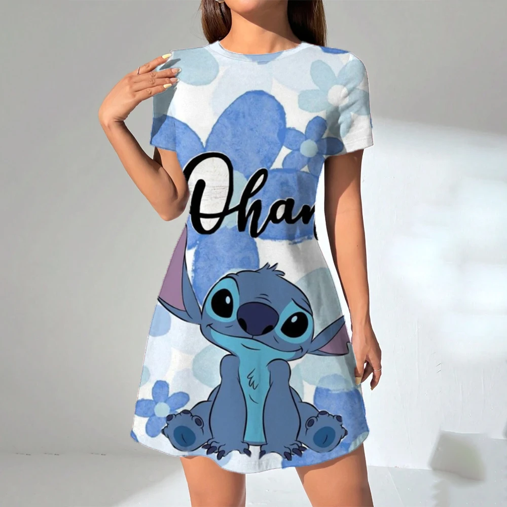 Vestido de verano con estampado de Disney Stitch Lilo para mujer, pantalón corto informal, vestidos sueltos de manga para mujer, cuello redondo, vestido de fiesta en la playa para vacaciones en la oficina