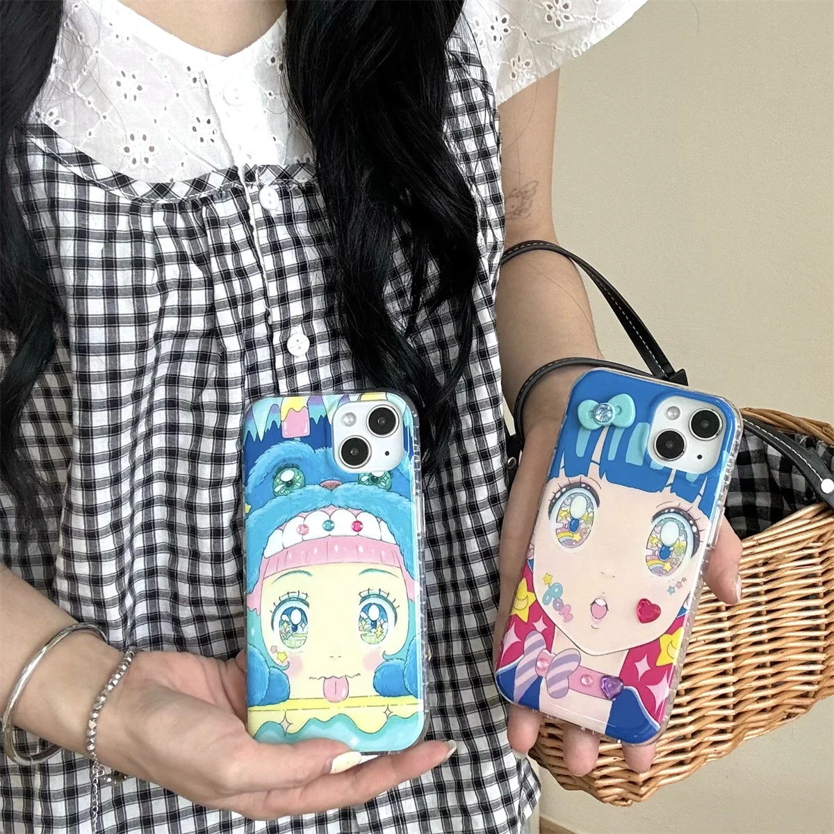 Cartoon Anime Iridescente Shining Eyes Custodia a doppio strato per iPhone 16 15 14 13 Pro Max Cover posteriore per 15 Pro Max Capa