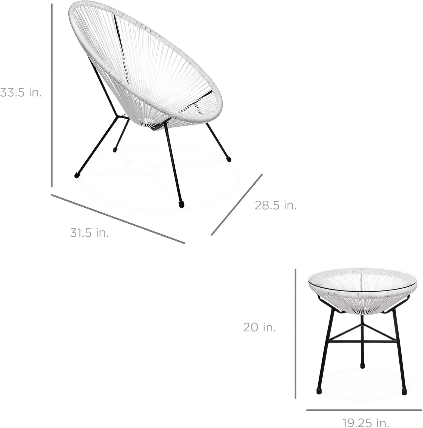 3-Piece Outdoor Acapulco All-Weather Patio Conversation Bistro Set w/Plastic Rope, Glass Top Table and 2 Chairs - White
