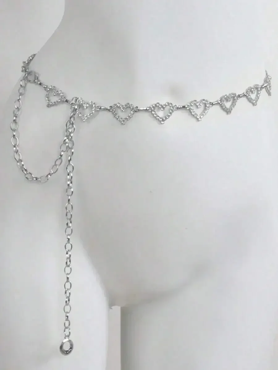 1pc Fashionable Simple Heart Shaped Rhinestone Decorated Alloy Waist Chain For Women Dress, Back-To-School Season