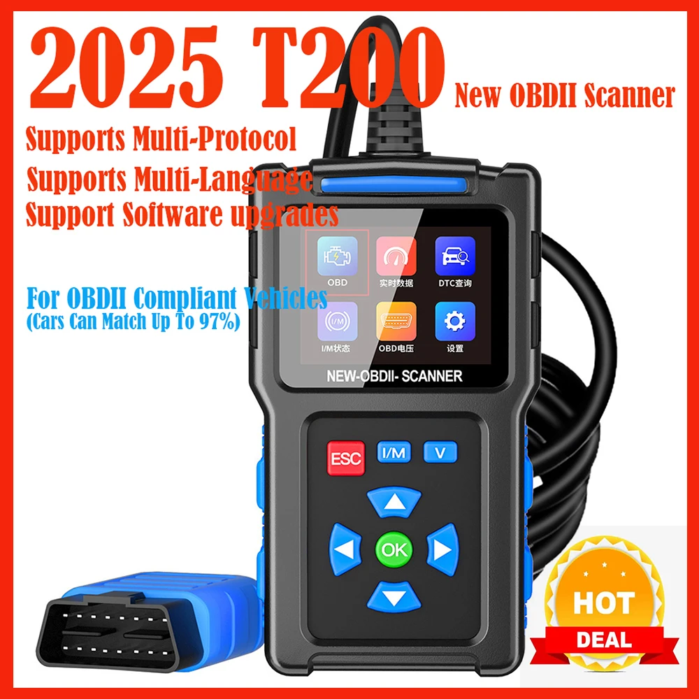 2025 T200 سيارة obd2 الماسح الضوئي خطأ رمز القارئ شاشة ديجيتال أداة تشخيص السيارات محرك السيارة محلل I/M جاهز تستر