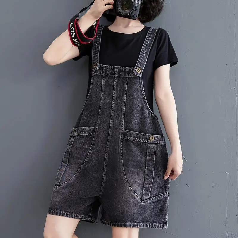 Women 2024 Overalls Washing Denim Rompers One Piece Solid Shorts Pockets Spliced High Street Backless Loose Button New YC61