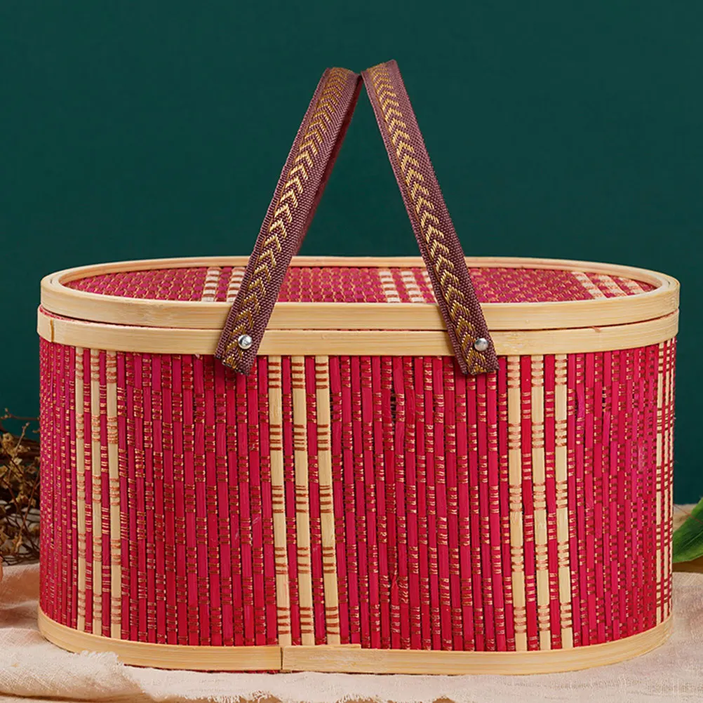 

Oval Hand-held Bamboo Basket Woven Storage Baskets Portable Decorative Lid Container Home Office Car Use