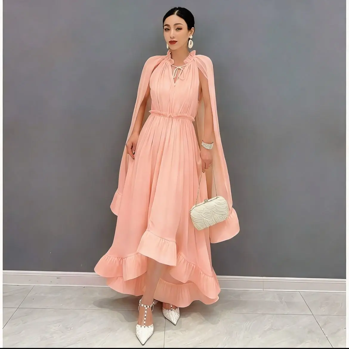 

French Retro High-end Court Style New V-neck Long-sleeved Shawl Waist Pleated Ruffle Edge Jumpsuit