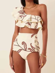 One-Shoulder Swimsuit  Fashion Beige  Ruched Printed Bikini High Waist Swimwear Bottom Beach Bathing Suit