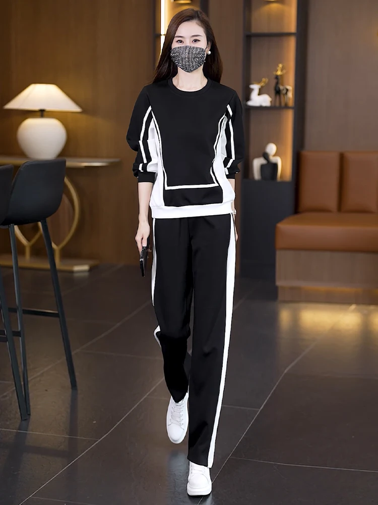 

Autumn Winter Two-piece Set For Women 2023 Stripe Sweatshirt Tops And Wide Leg Pant Large Size Female Thick Black Red Sport Suit