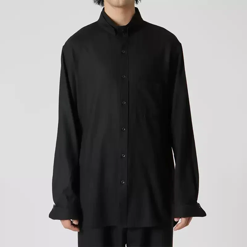 

YOJI OOAK оригинальный дизайн, повседневная универсальная шерстяная черная рубашка с воротником-стойкой и длинными рукавами, мужская темная японская рубашка