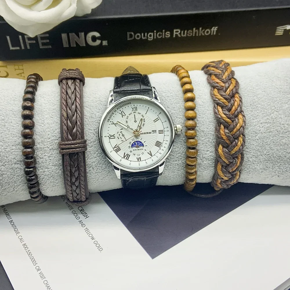 5Pc Heren Echt Quartz Horloge Klassiek Mode Trend Hoogwaardig Temperament Heren Horloge Inclusief Armband Doos Voor Het Bedrijfsleven