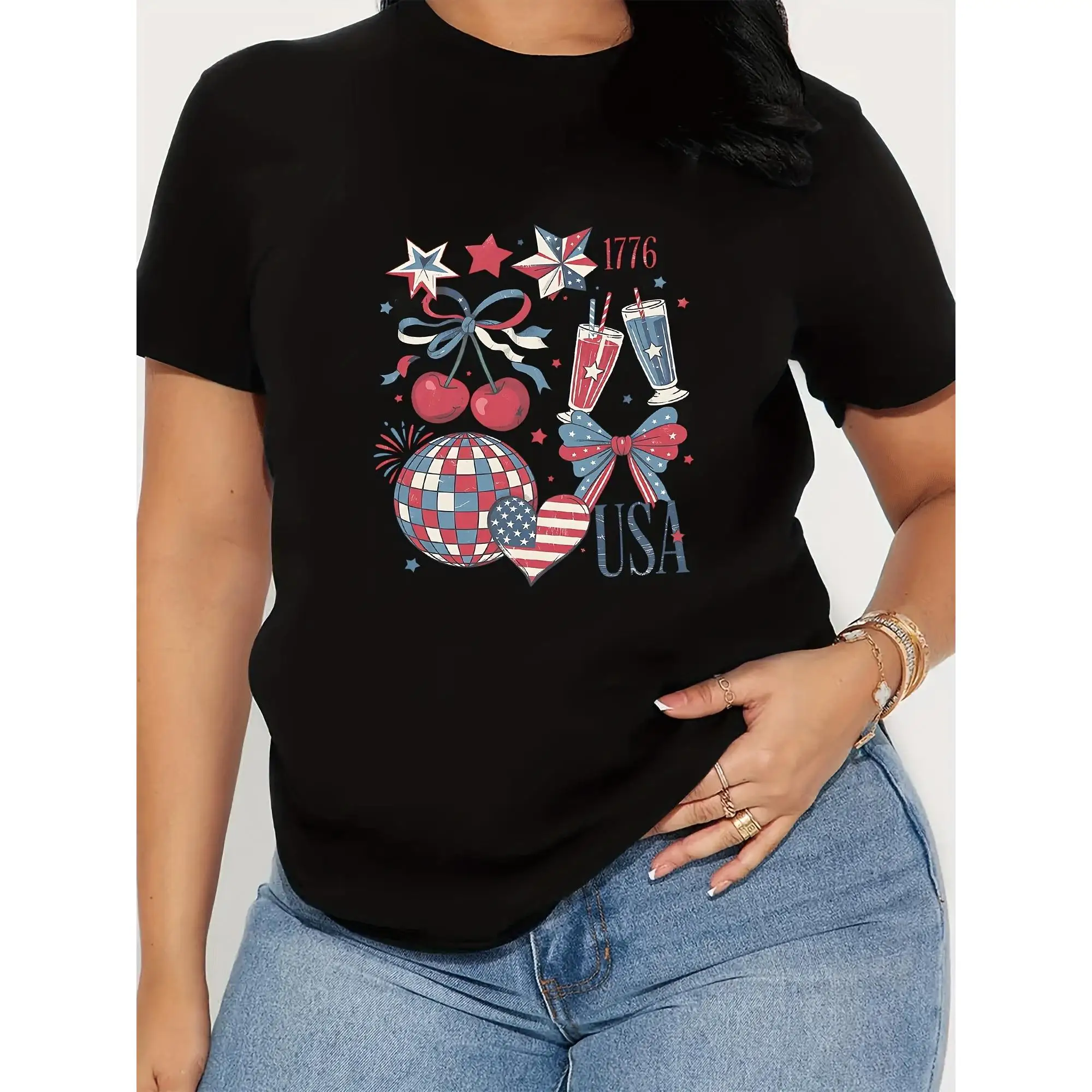 

180g Women's Plus Size Black T-Shirt - Patriotic American Flag Wine Glasses Art Print, Red White & Blue Crew Neck Short Sleeve,