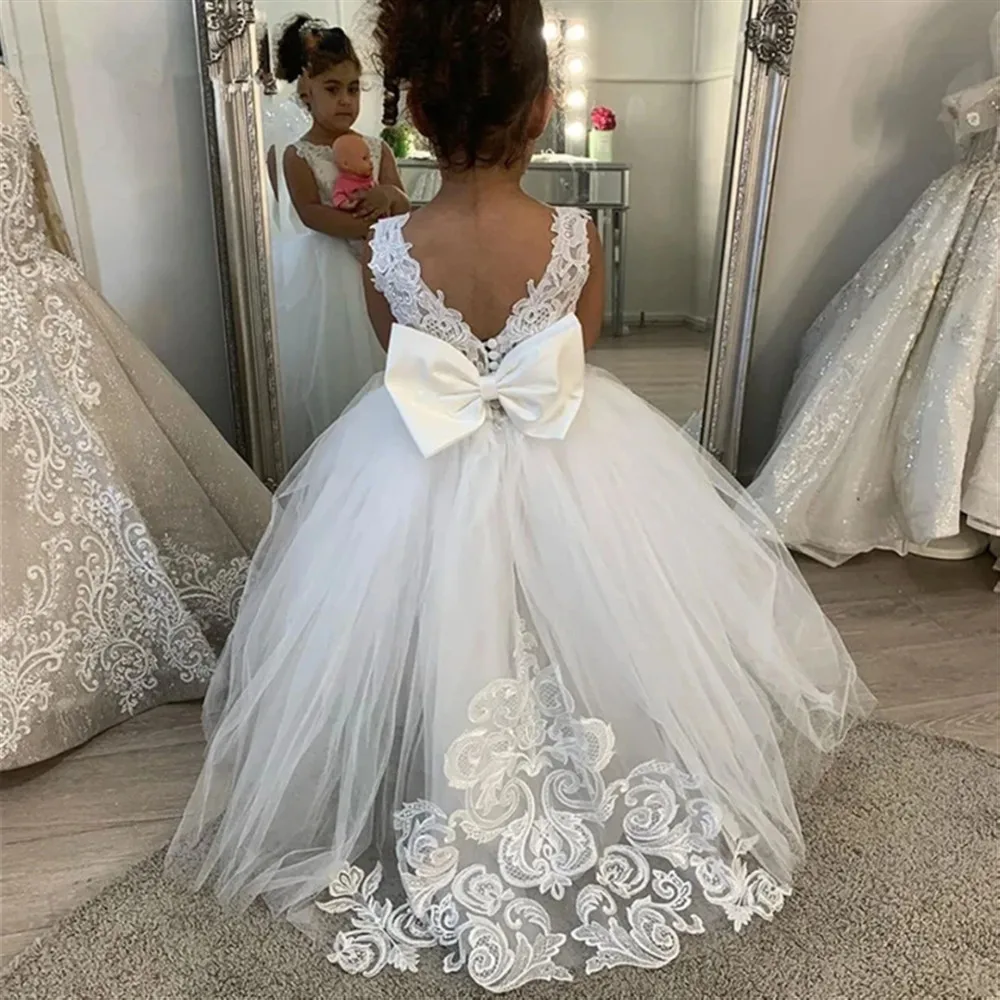 Elegante abito da damigella d'onore per ragazze, abito da sposa per ragazza di fiori, applicazioni senza maniche con fiocco, abito da prima comunione per spettacoli di festa per bambini