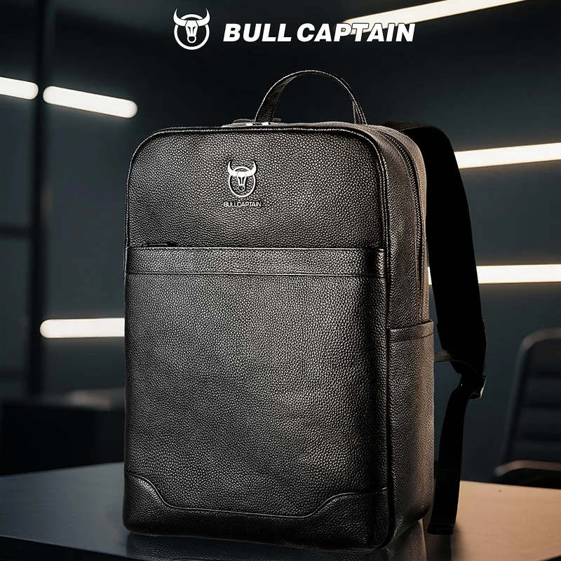 حقيبة ظهر رجالية من جلد البقر من BULLCAPTAIN حقيبة ظهر من الجلد الطبيعي حقيبة ظهر كلاسيكية كبيرة للسفر حقيبة كمبيوتر محمول كبيرة