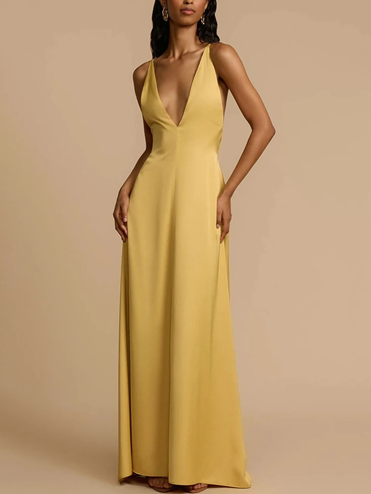 Mode soirée bal Maxi Robe été Satin dos nu longue Verstido élégant col en V profond femmes sans manches Robe de soirée Robe Sexy