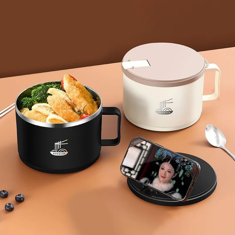 Tazón de Espuma de Acero Inoxidable 304, Gran Capacidad, Doble Capa, Anti-Escaldaduras, Lonchera con Cubiertos/Tapa, Puede Escurrir, Tazón para Ramen