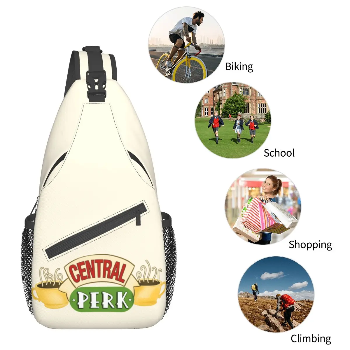 Zentrale perk Freunde kleine Schulter tasche Brust Cross body Schulter Schlinge Rucksack Wandern Reise Tages rucksäcke klassische TV-Show lustige Packung