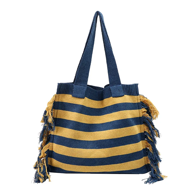 Morandi Color Striped Tassel Knit Handwoven Large Tote Womens 2023 Fashion Trend Shoulder Bag Korean Soft Eco Friendly Wholesale